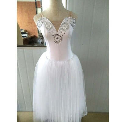 White Romantic Ballet Tutu Veil Rehearsal Practice Dress Swan Lake Costumes For Women Long Tulle Dress With Puffy Sleeve
