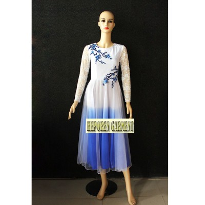 Custom Made Chinese Folk Dance Costumes Dress For Woman,Blue Flower Gradient Color Of Dresses Stage Wear Long Dress Lace Sleeves