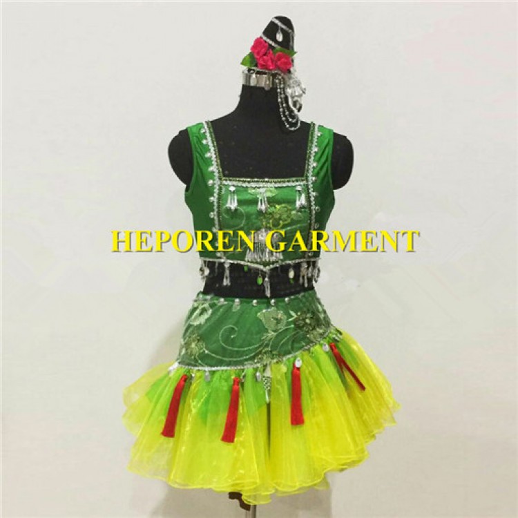 Girl Chinese Folk Dancing Ethnic Minority Dancing Costumes Green Yellow Dress With Pants Asian National Minority Nationality