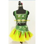Girl Chinese Folk Dancing Ethnic Minority Dancing Costumes Green Yellow Dress With Pants Asian National Minority Nationality