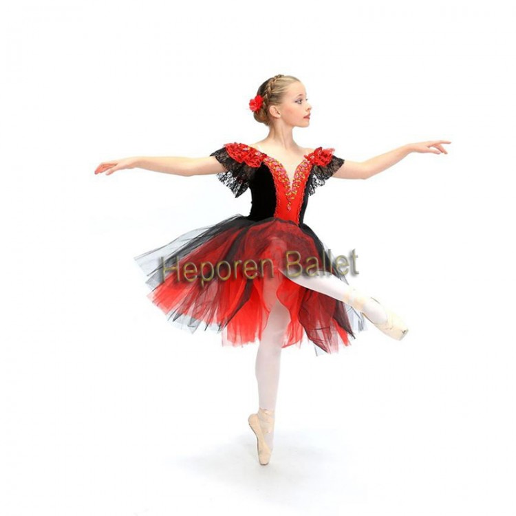 Customized Quixote's Spanish long Red and Black ballet dress with Lace sleeve for stage performance