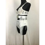 Ladies Glitter Diamond Crystal Shining Bra Top and Shorts With Detachable Chiffon Dress Stage Dancing or Sing Costumes