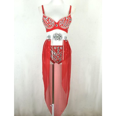 Ladies Glitter Diamond Crystal Shining Bra Top and Shorts With Detachable Chiffon Dress Stage Dancing or Sing Costumes