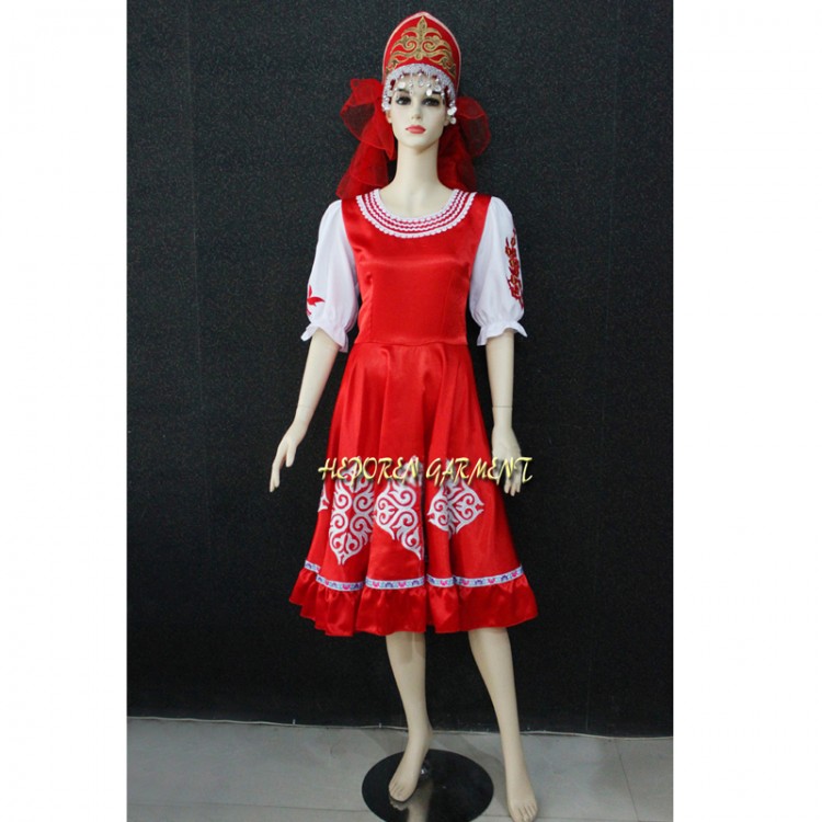 High Quality Customized Traditional Russian Costume,Russian National Costume With Headwear Red Color For Adult Or Children HF018